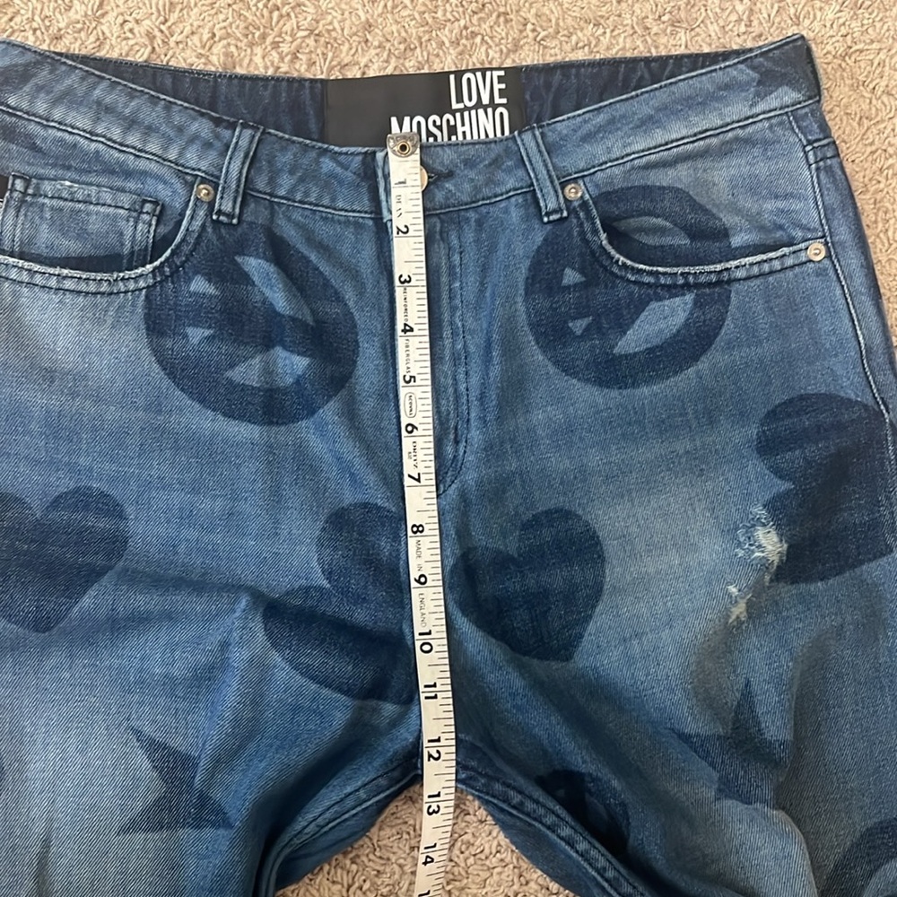 Love Moschino Women Sz 30 Blue Peace Heart Signs print Straight Leg HiRise Jeans - Picture 10 of 11